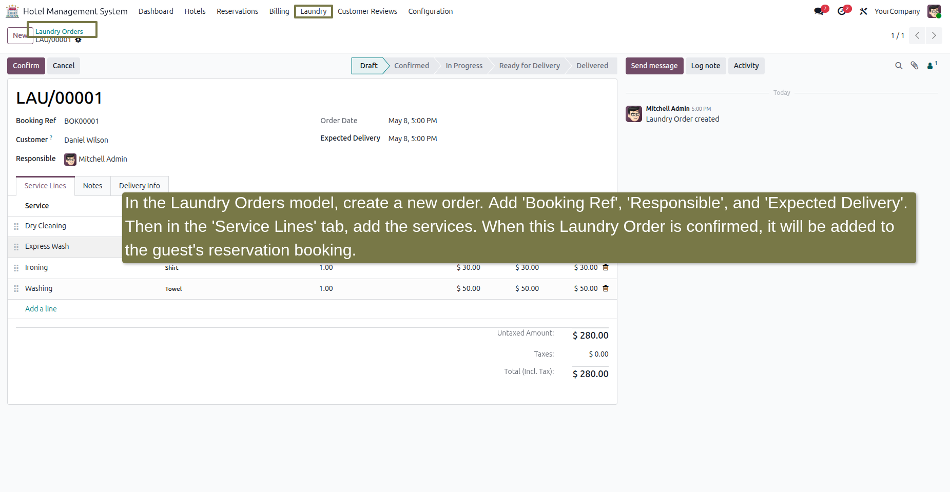 Laundry Order form with Service Lines tab filled.