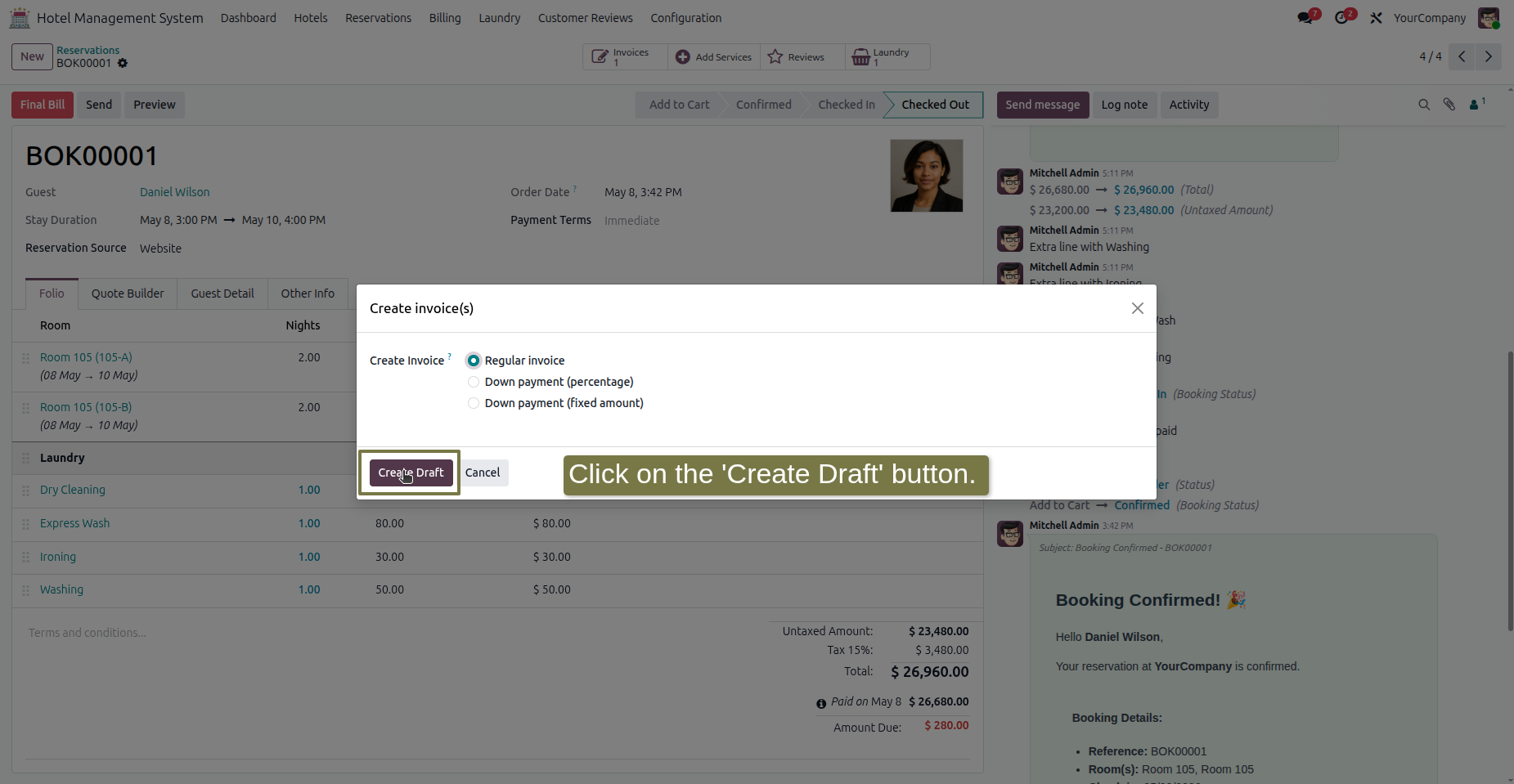 Invoice wizard with the Create Draft button highlighted.