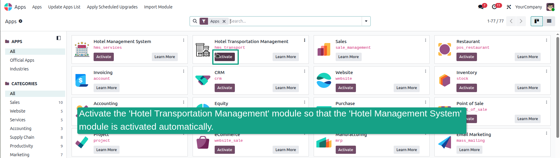 Hotel Transportation Management module activation