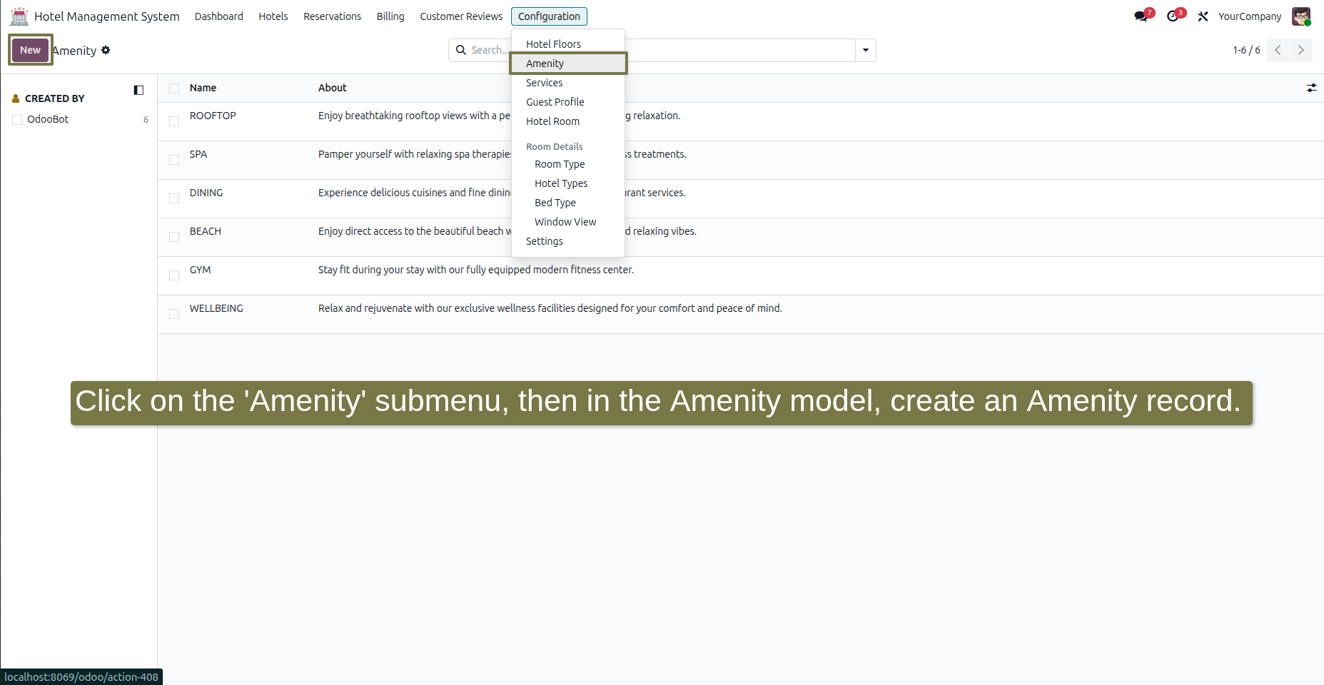 Click on the 'Amenity' submenu, then in the Amenity model, create an Amenity record.