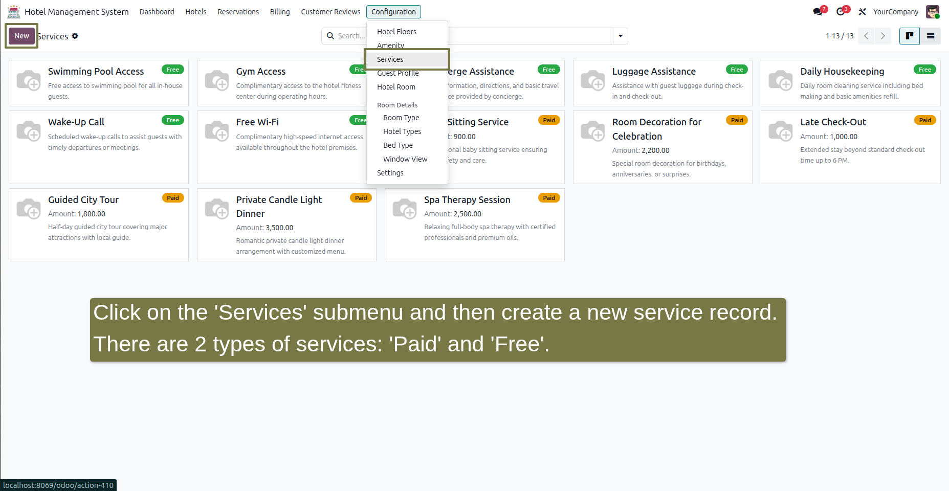 Click on the 'Services' submenu and then create a new service record. There are 2 types of services: 'Paid' and 'Free'.