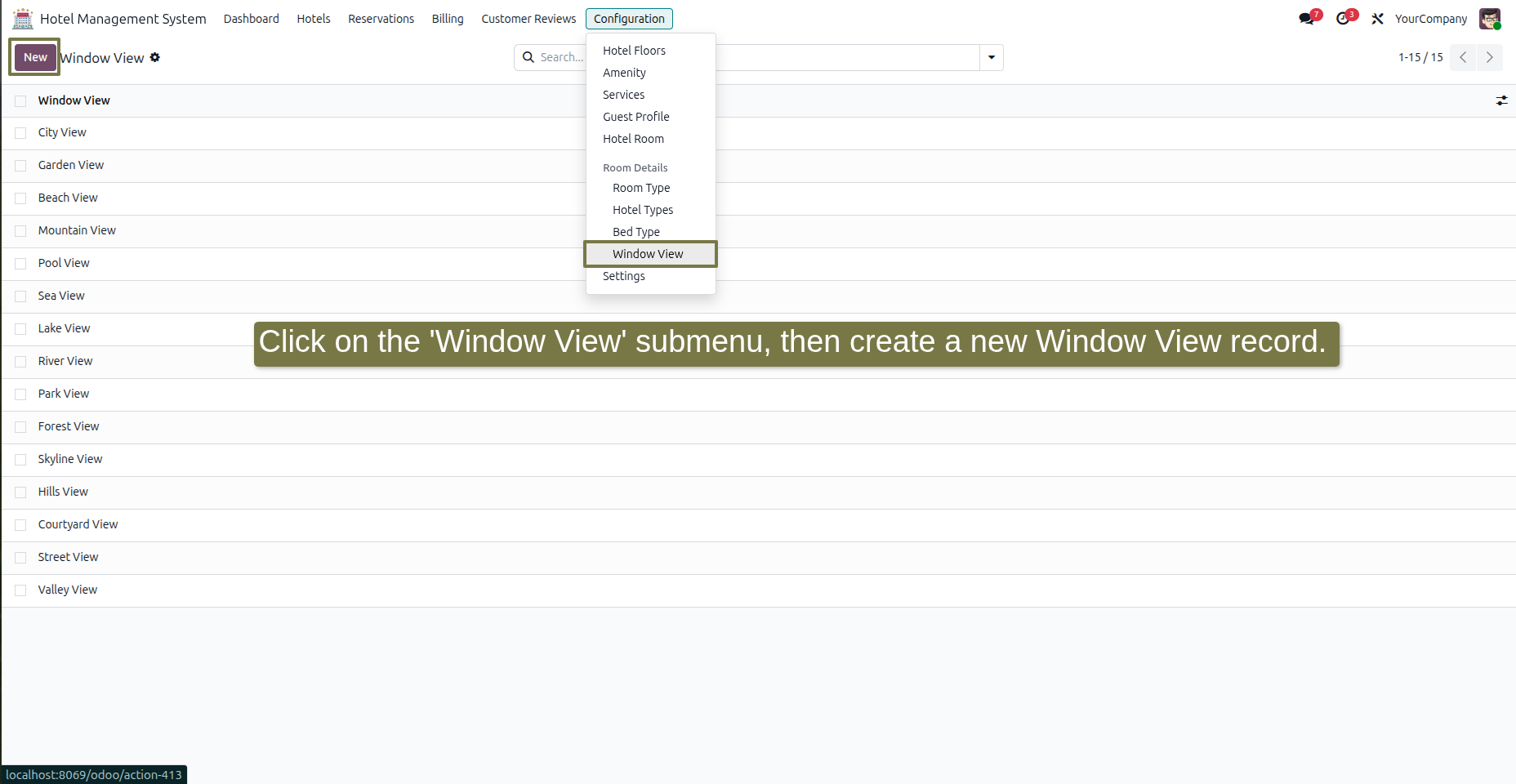 Click on the 'Window View' submenu, then create a new Window View record.