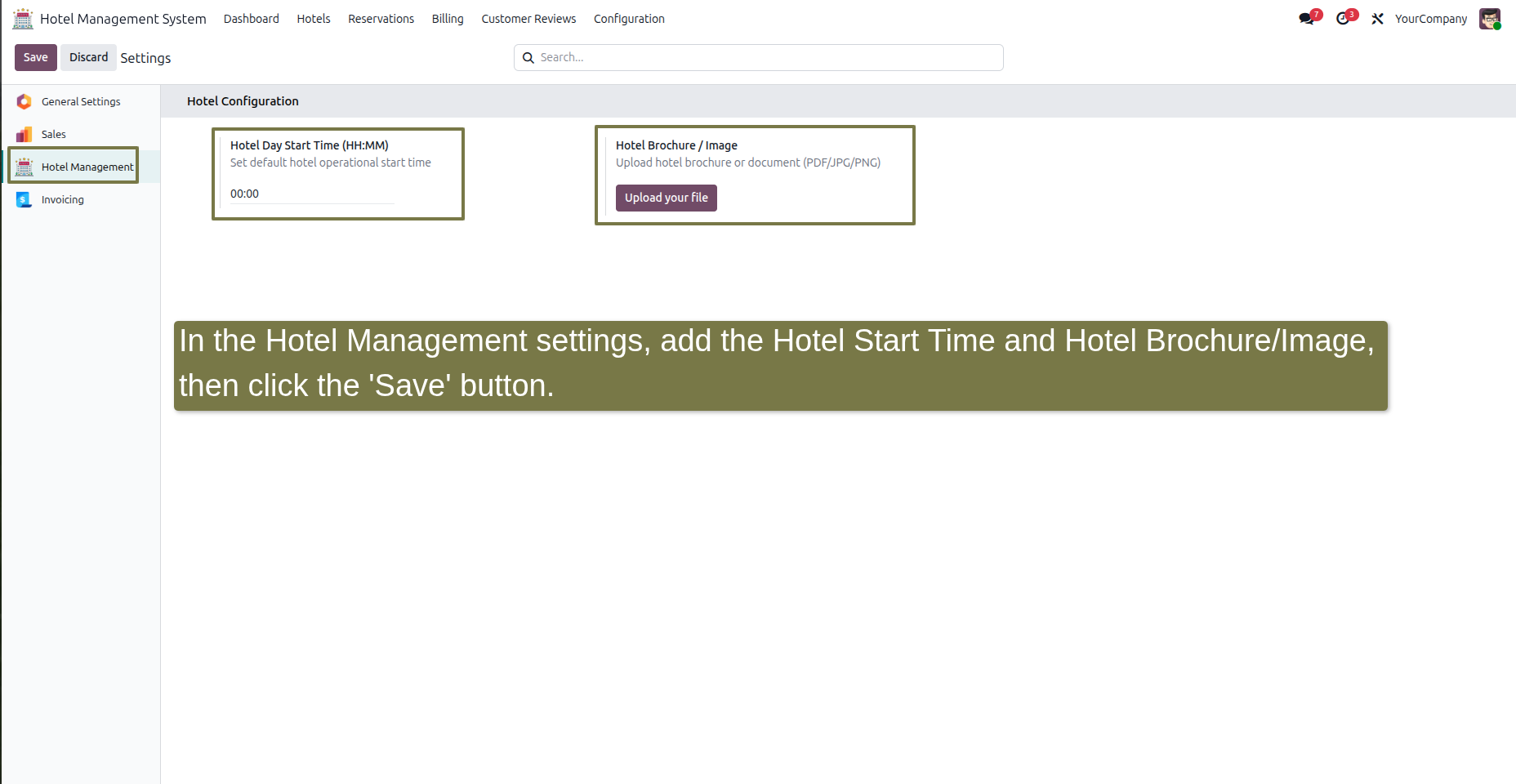 In the Hotel Management settings, add the Hotel Start Time and Hotel Brochure/Image, then click the 'Save' button.