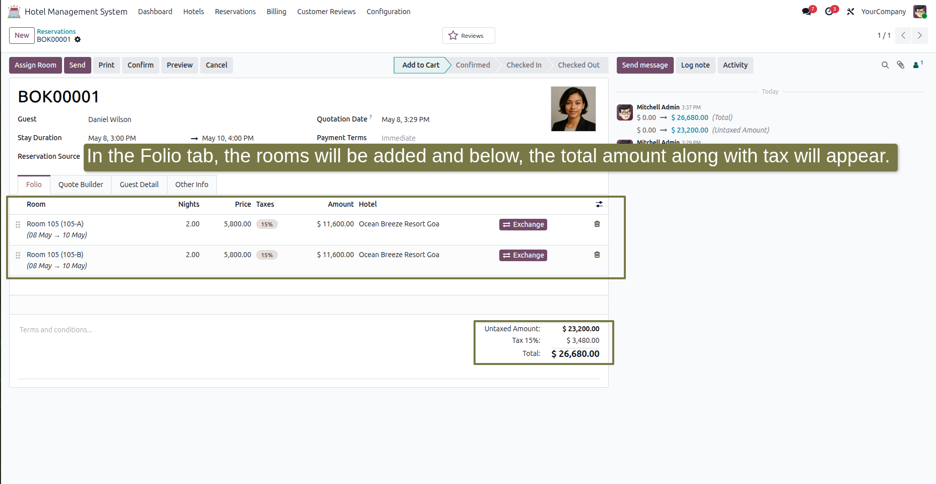 In the Folio tab, the rooms will be added and below, the total amount along with tax will appear.