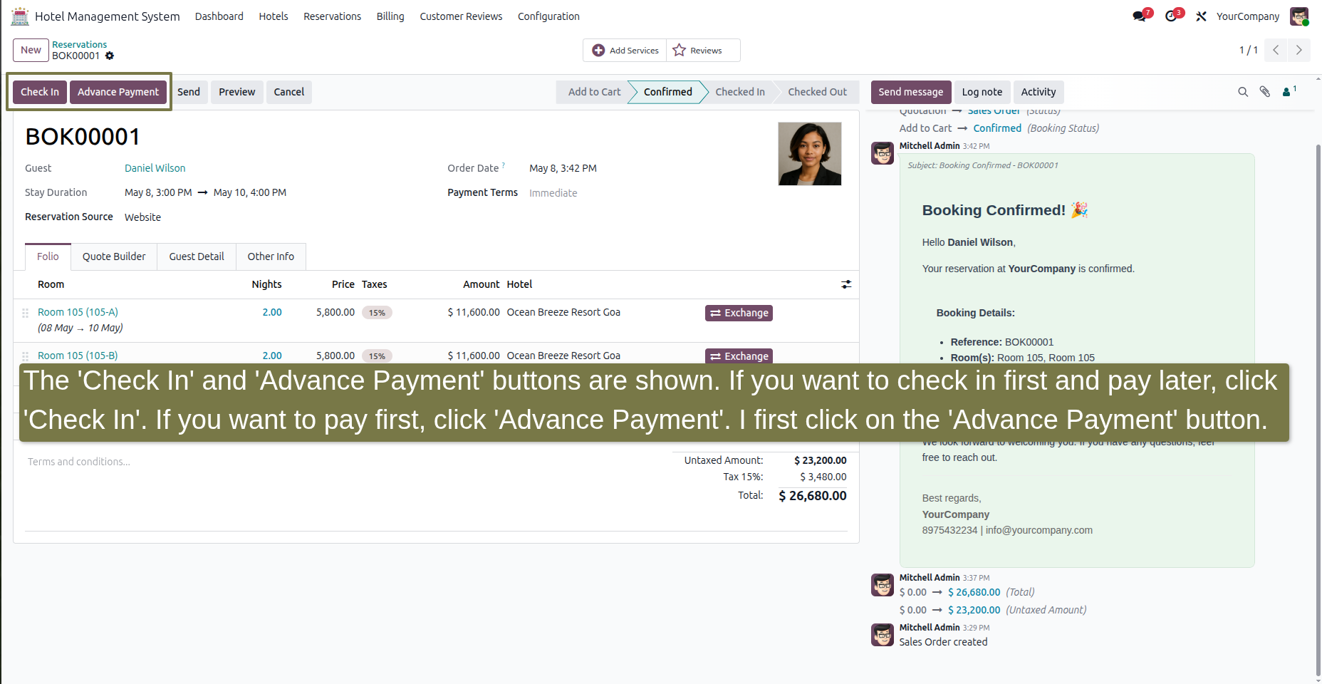 The 'Check In' and 'Advance Payment' buttons are shown. If you want to check in first and pay later, click 'Check In'. If you want to pay first, click 'Advance Payment'. I first click on the 'Advance Payment' button.