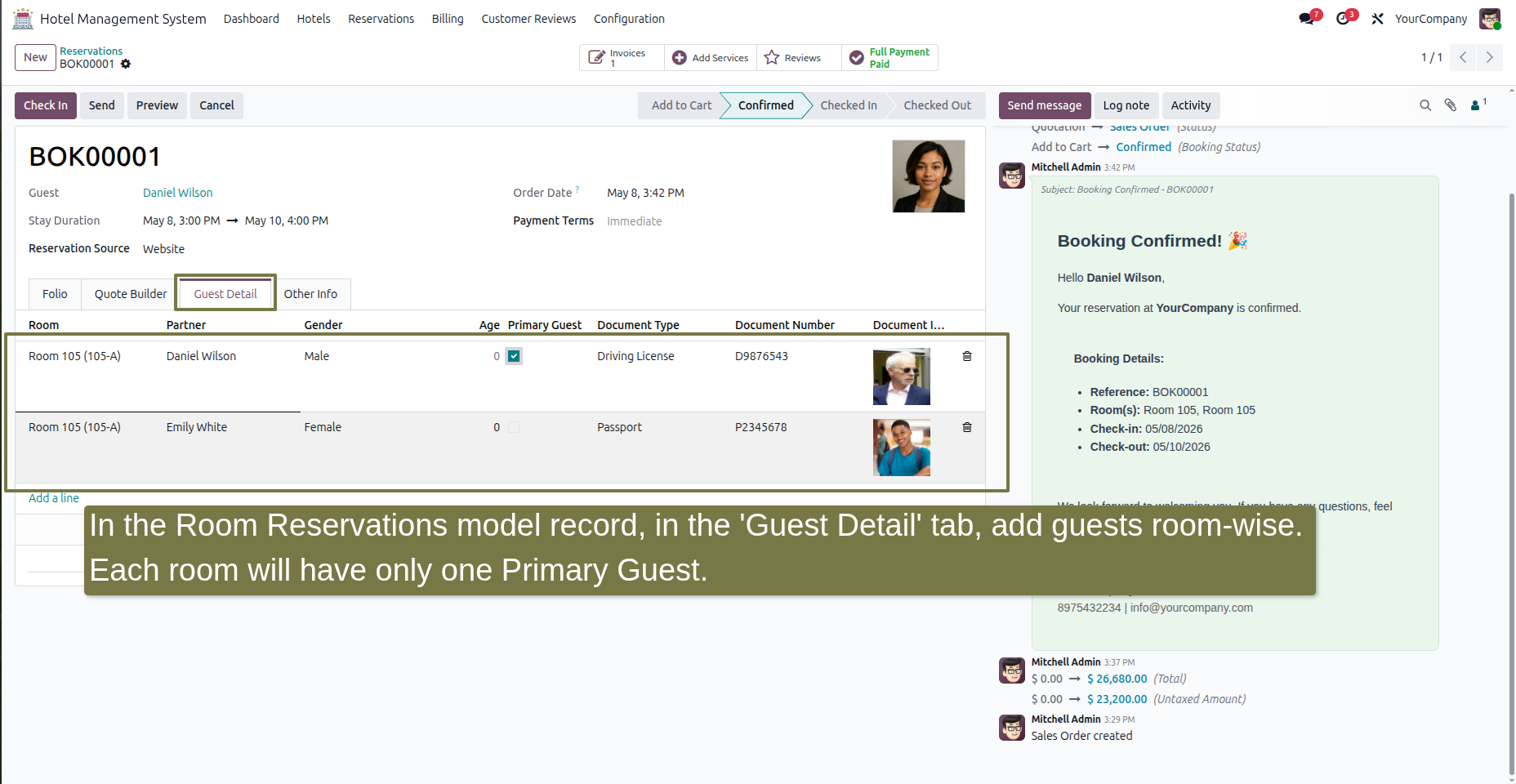 In the Room Reservations model record, in the 'Guest Detail' tab, add guests room-wise. Each room will have only one Primary Guest.