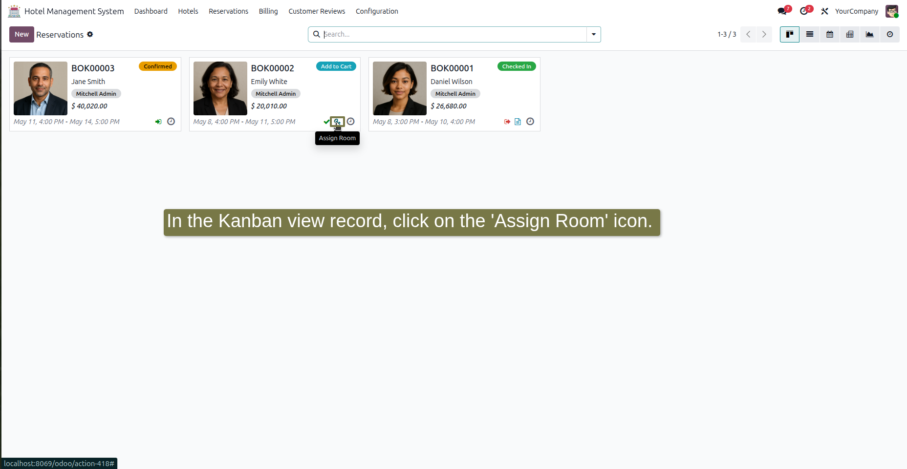 In the Kanban view record, click on the 'Assign Room' icon.