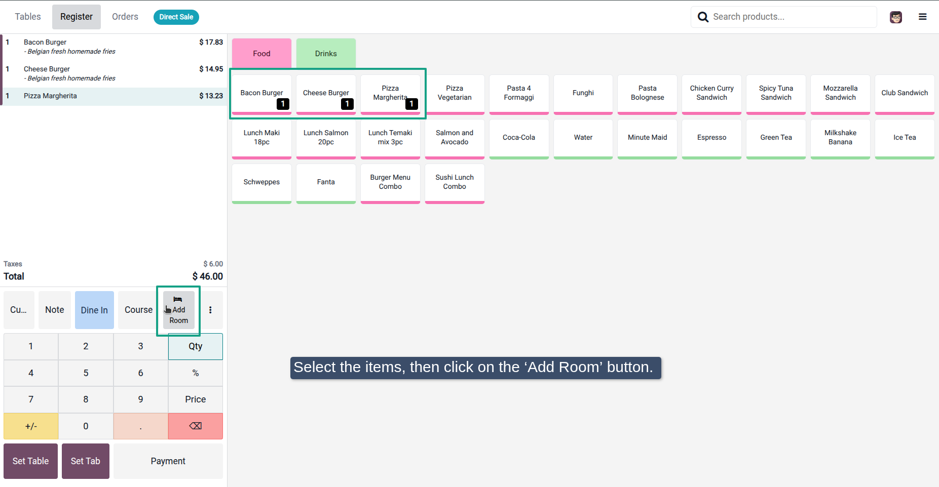 POS Select Items and Add Room