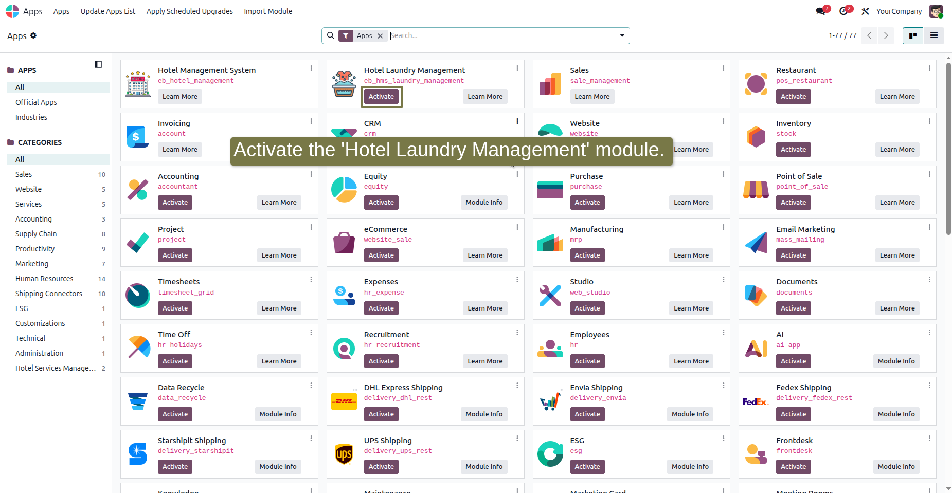Activate the Hotel Laundry Management module from the Apps list.