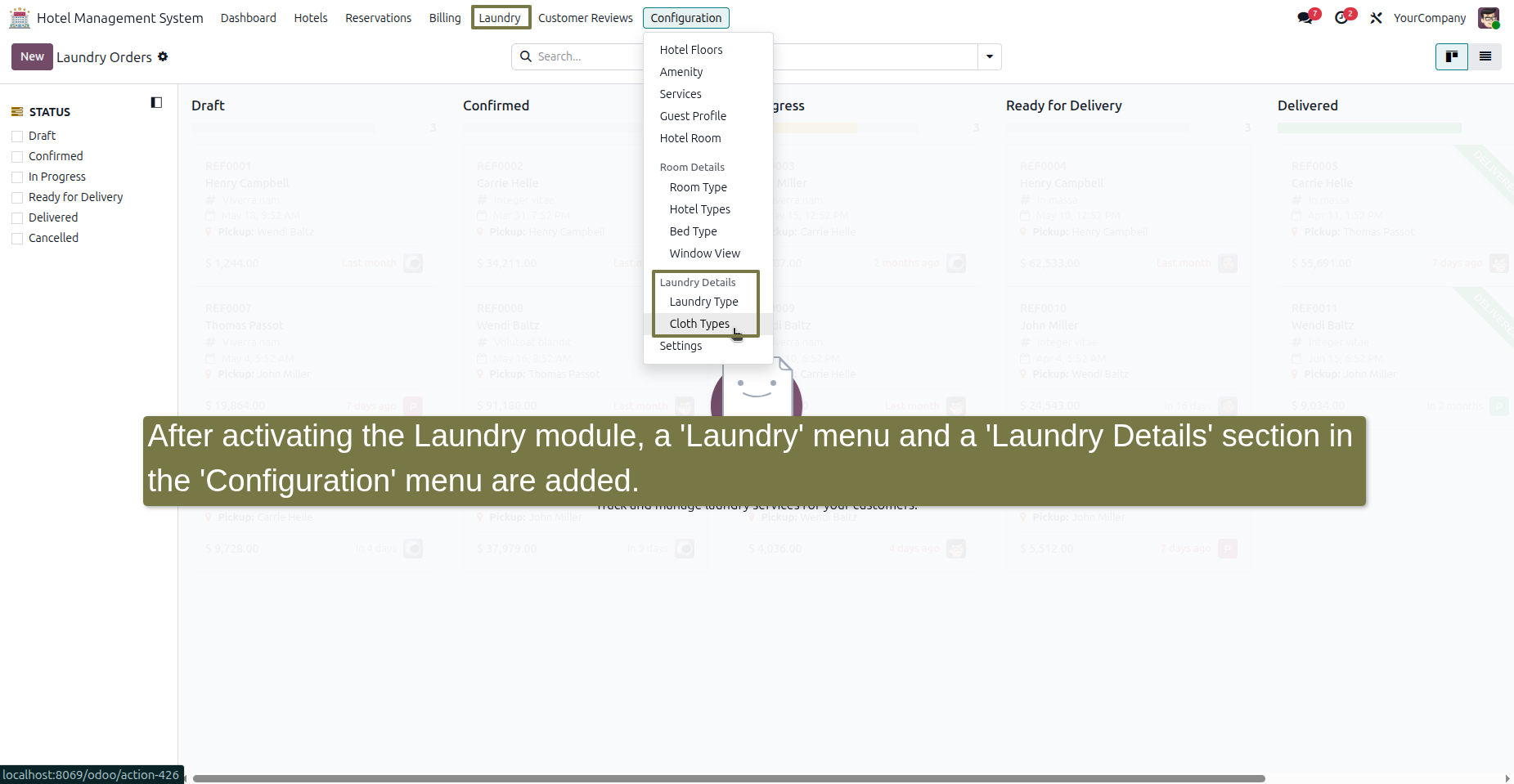 After activation, Laundry menu and Laundry Details configuration section appear in Hotel Management.