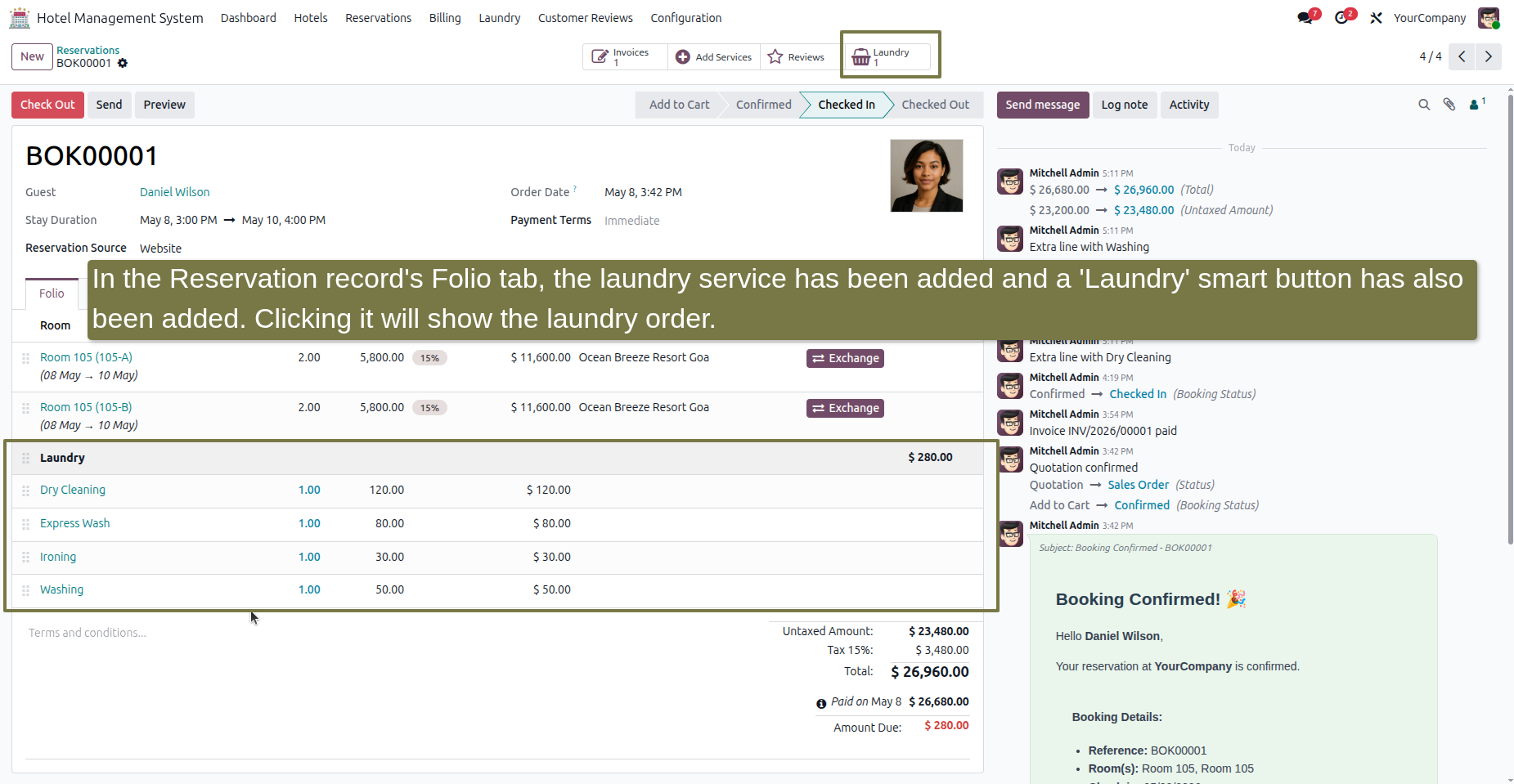 Reservation record Folio tab showing laundry service lines and the Laundry smart button.