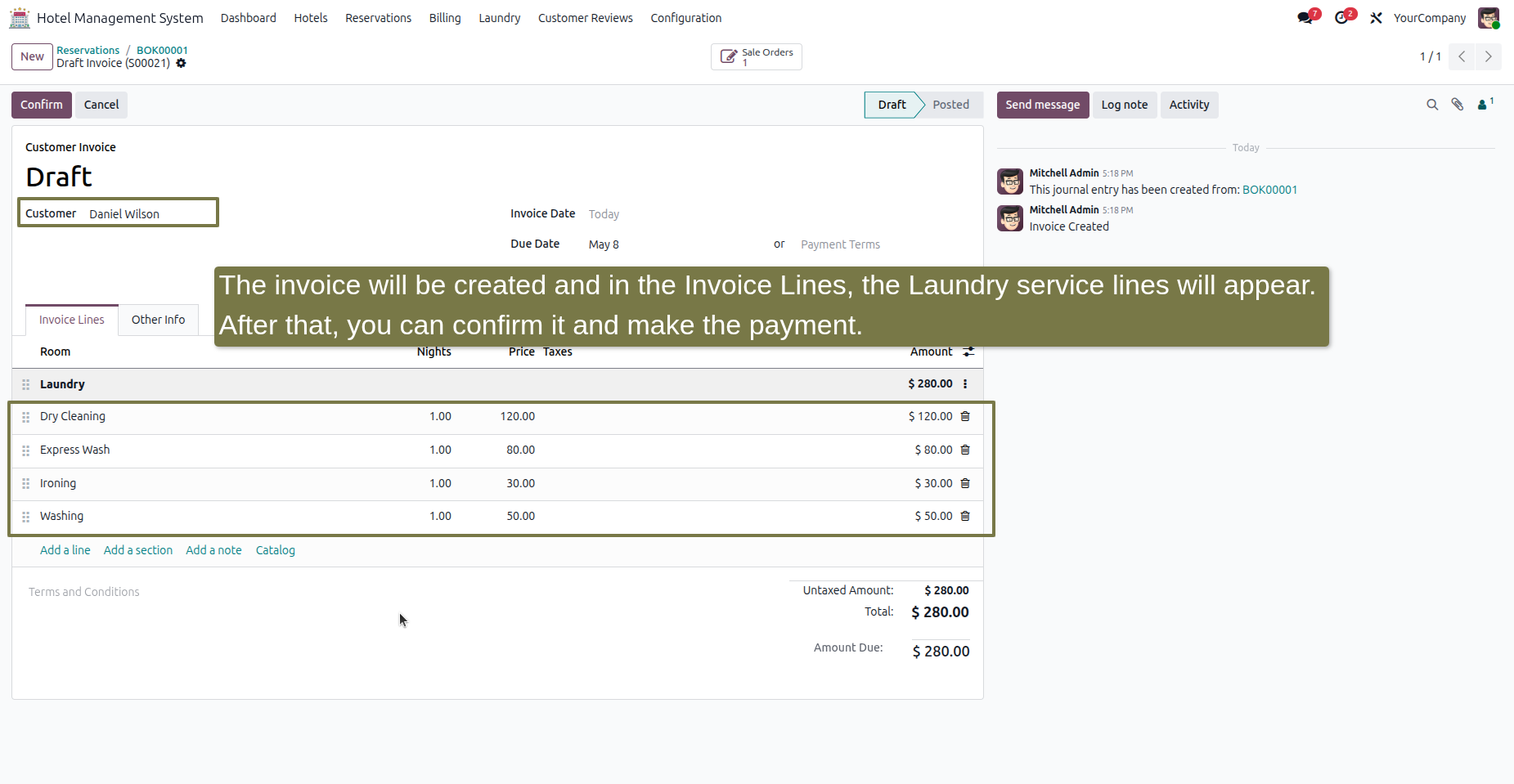 Draft invoice showing invoice lines that include laundry service charges alongside room charges.