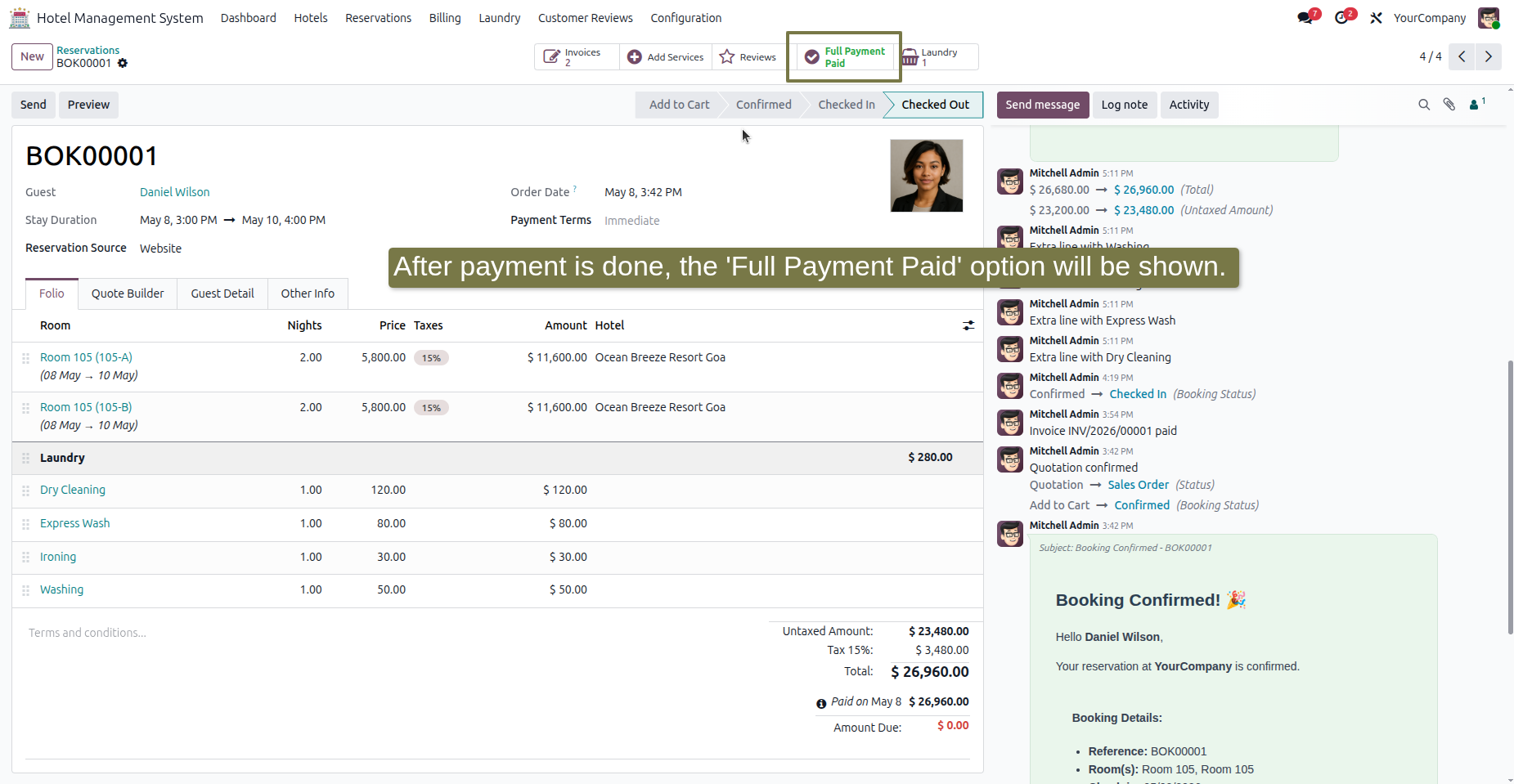 Reservation record showing the Full Payment Paid smart button after successful payment.