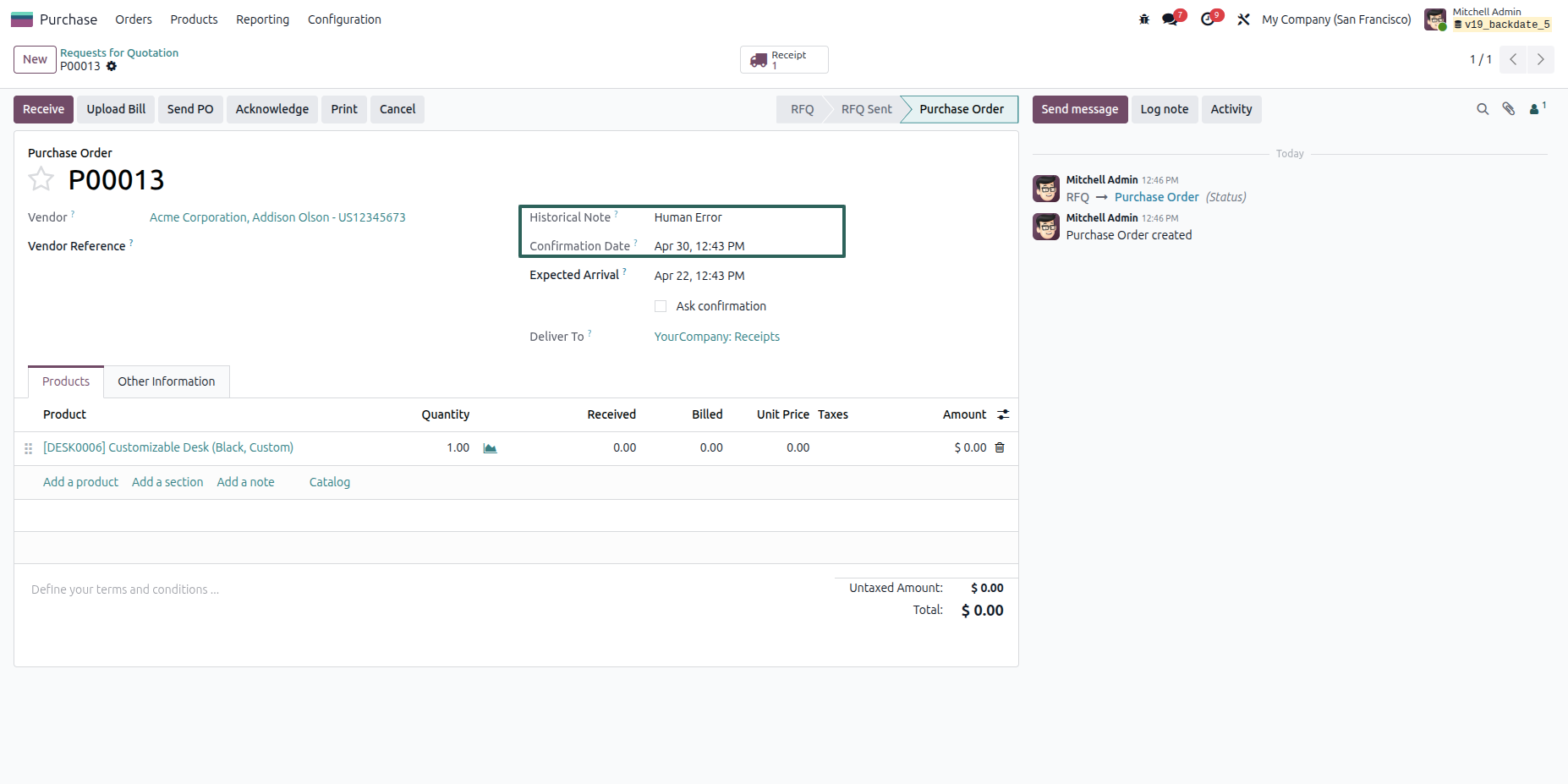 Confirmed Purchase Order with Historical Note