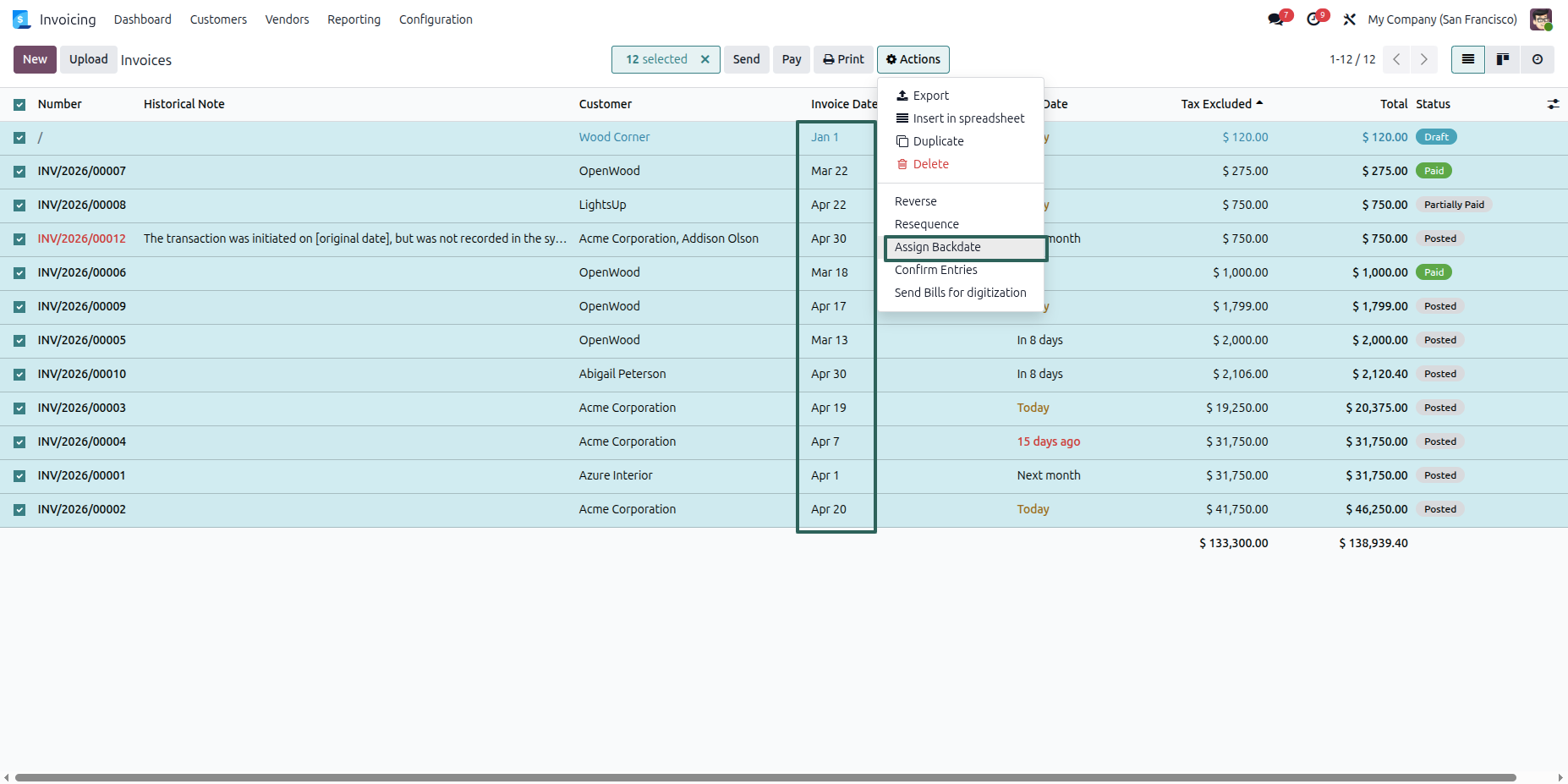 Assign Backdate Action from Invoice List