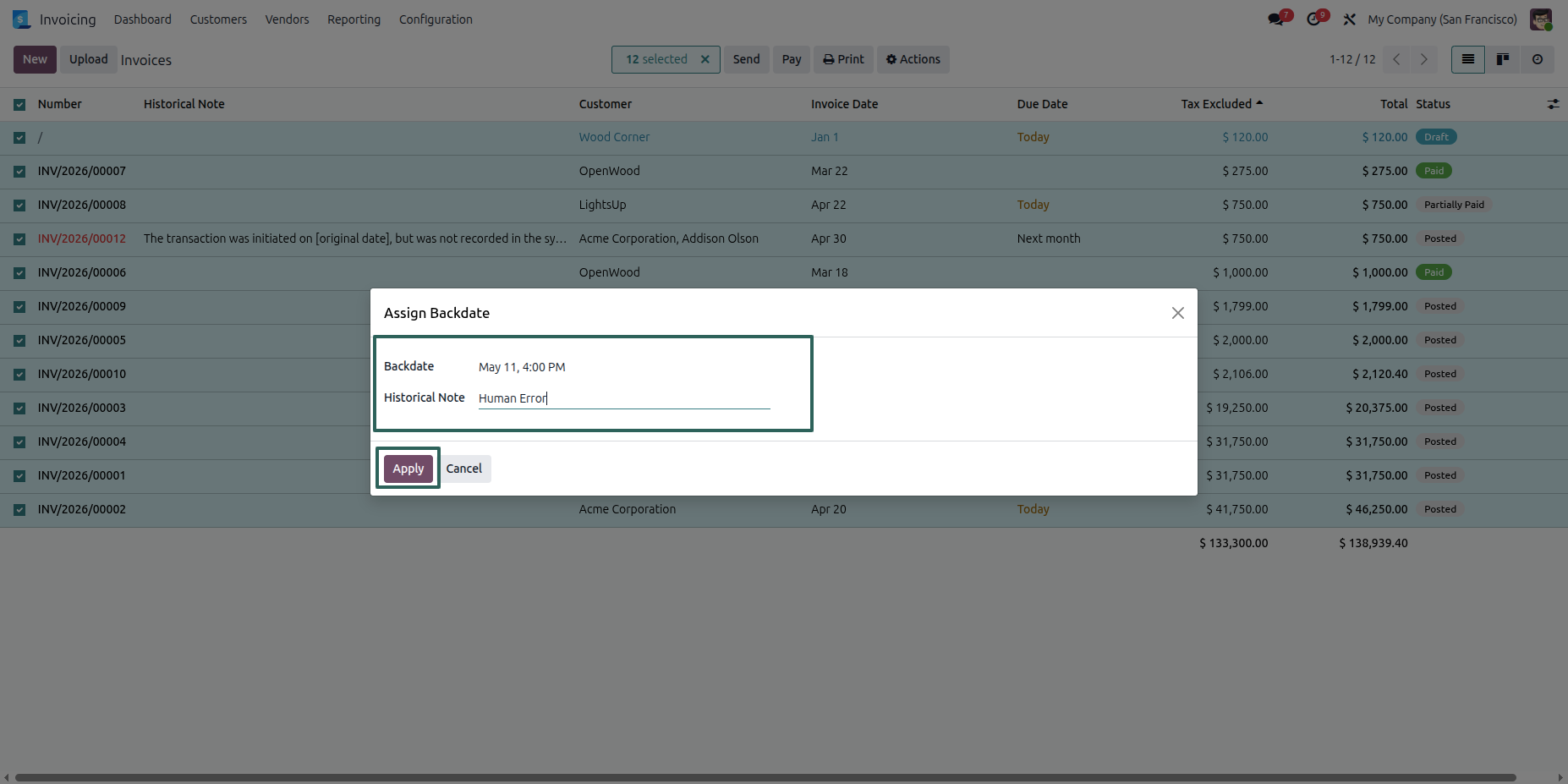 Bulk Invoice Backdate Popup