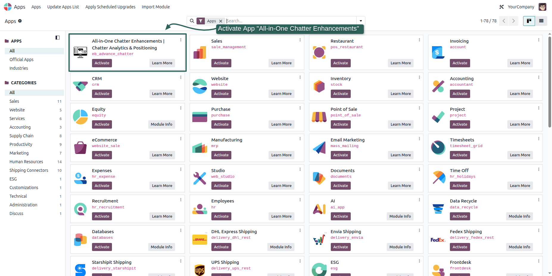 Apps list showing Advanced Chatter ready for activation