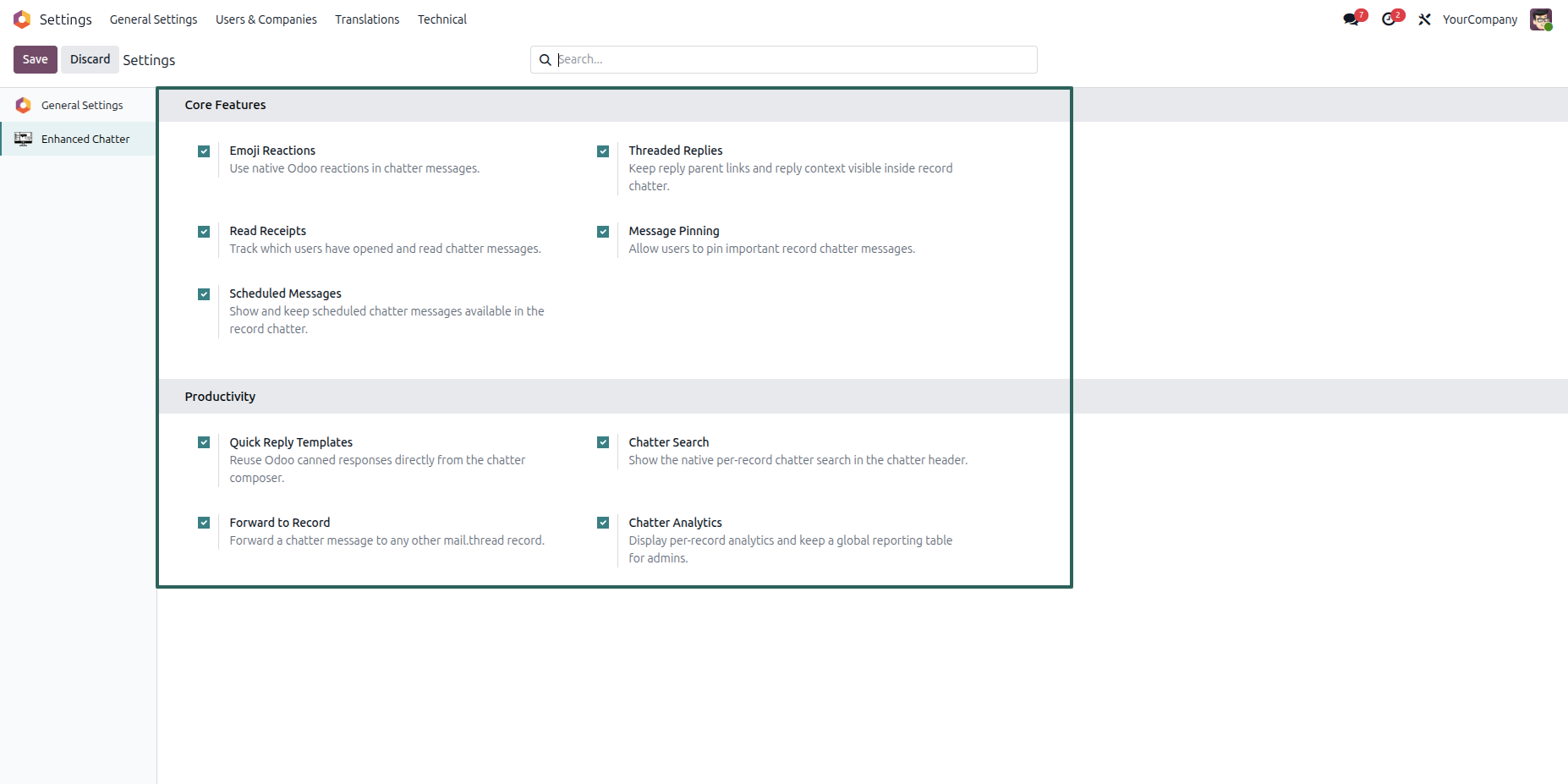 Settings page with Advanced Chatter feature toggles