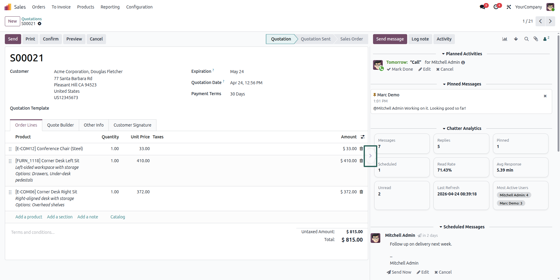 Sales order form with side chatter showing activities, pinned messages, analytics, and scheduled messages