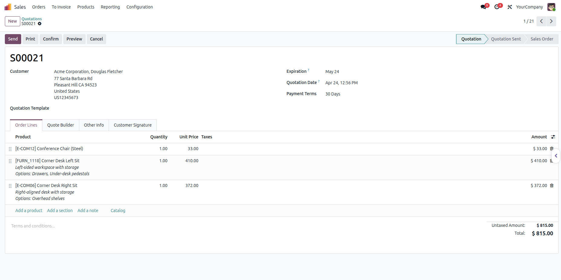 Sales order form with chatter collapsed and quick restore toggle visible