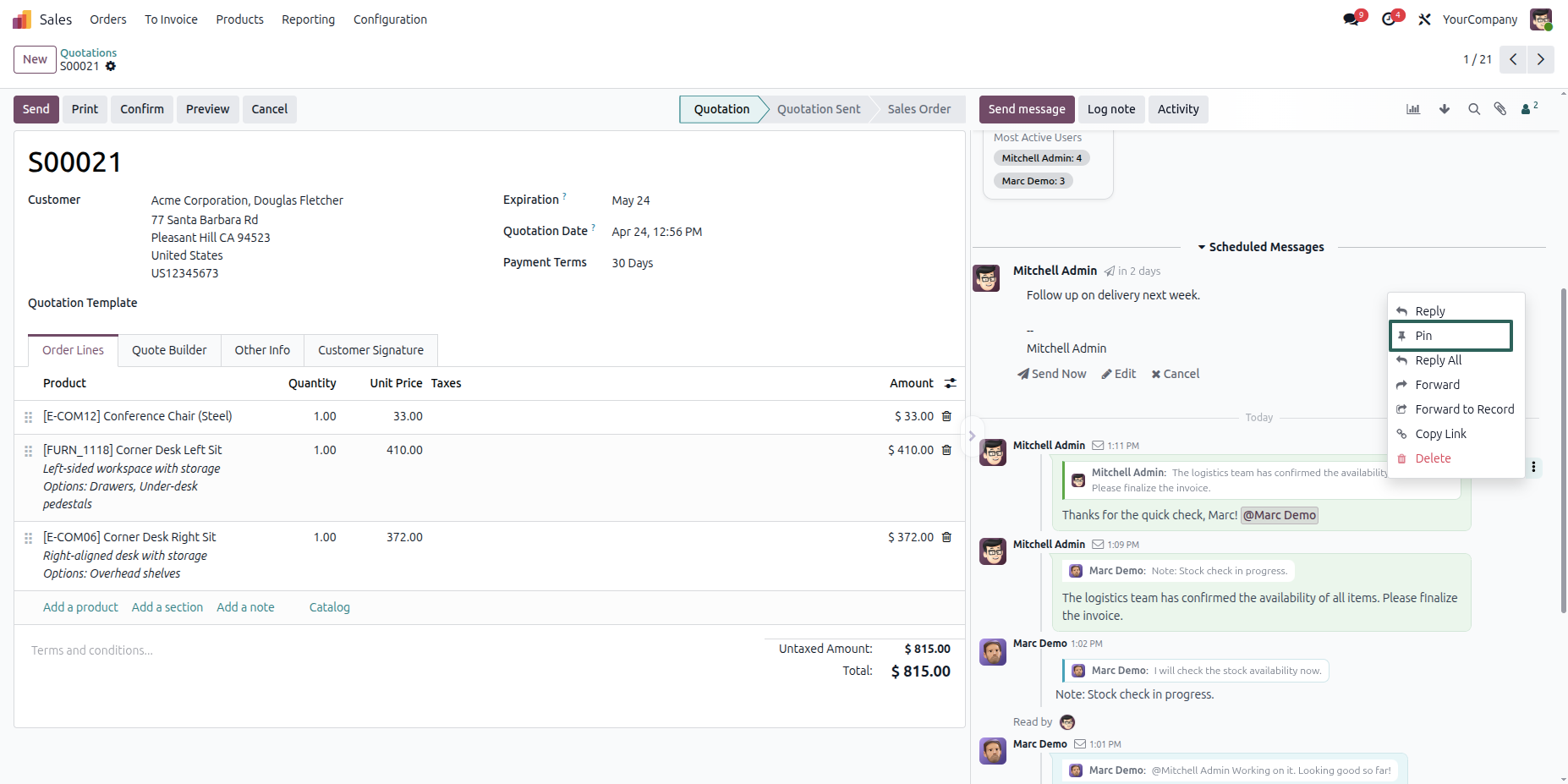 Sales order chatter thread with action menu for reply, pin, forward, link, and delete