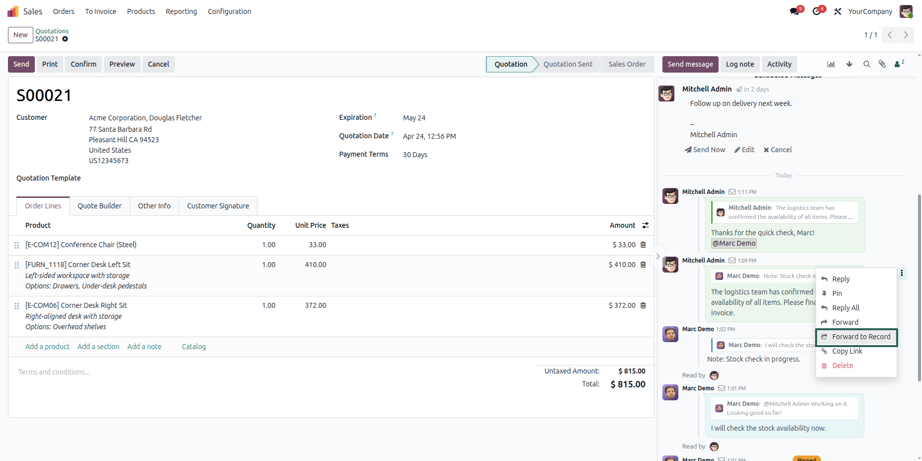 Context menu highlighting the Forward to Record action in chatter