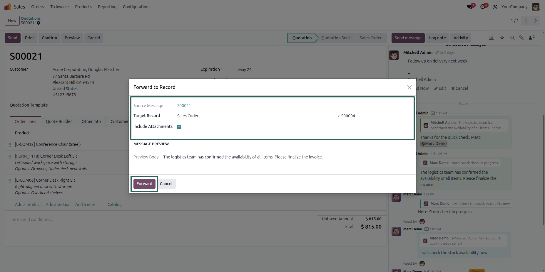 Forward to Record wizard with destination, attachments, and message preview