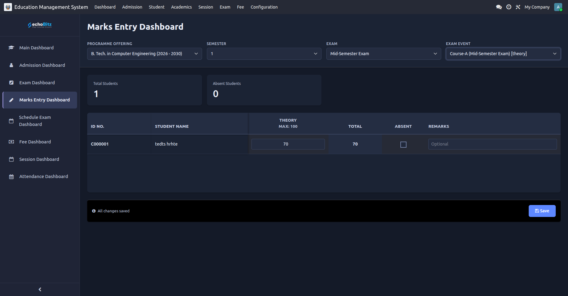 Marks Entry Dashboard