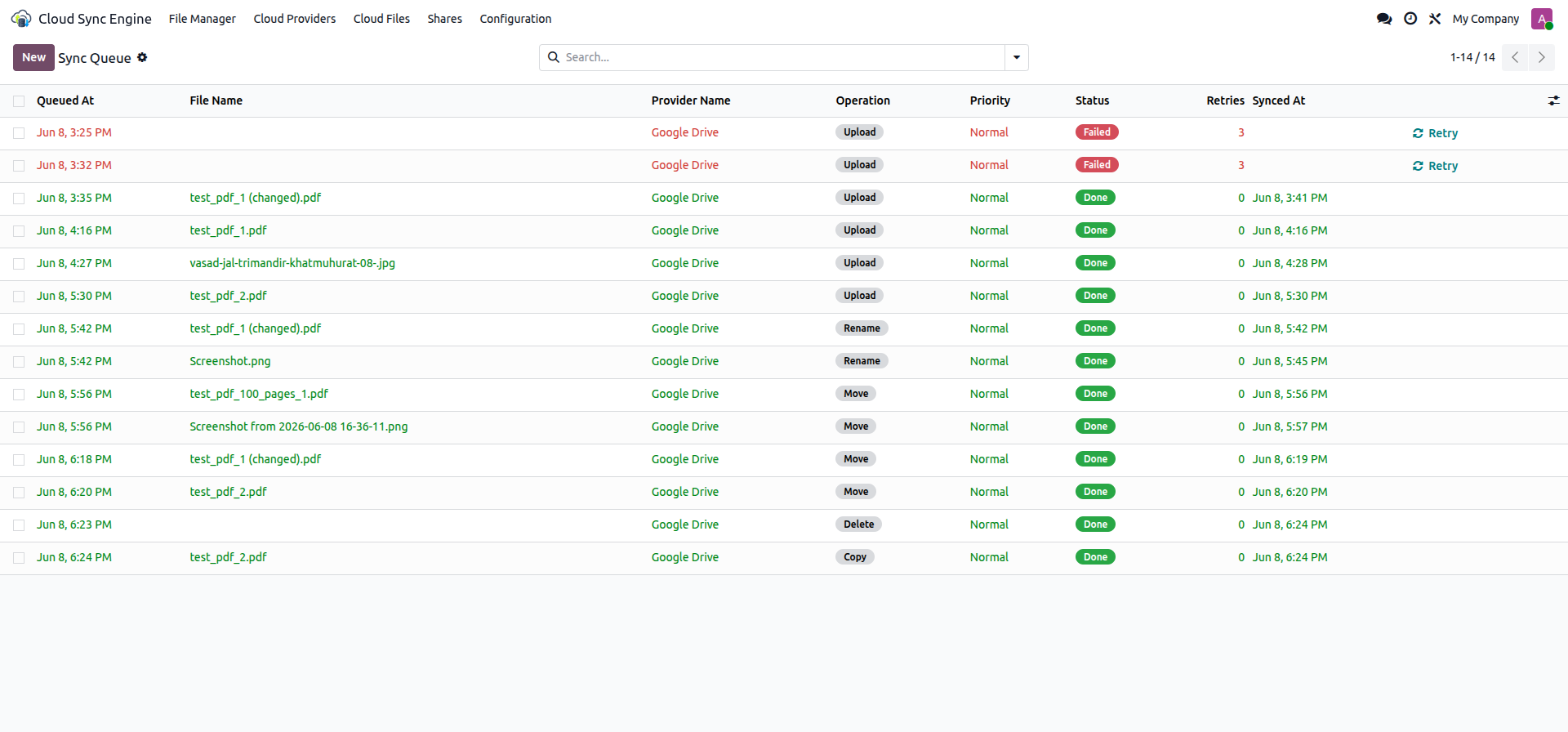 Sync Queue list view