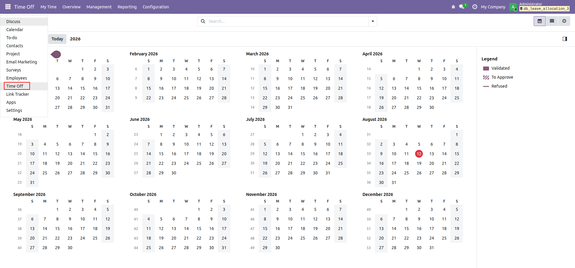 Time Off overview calendar