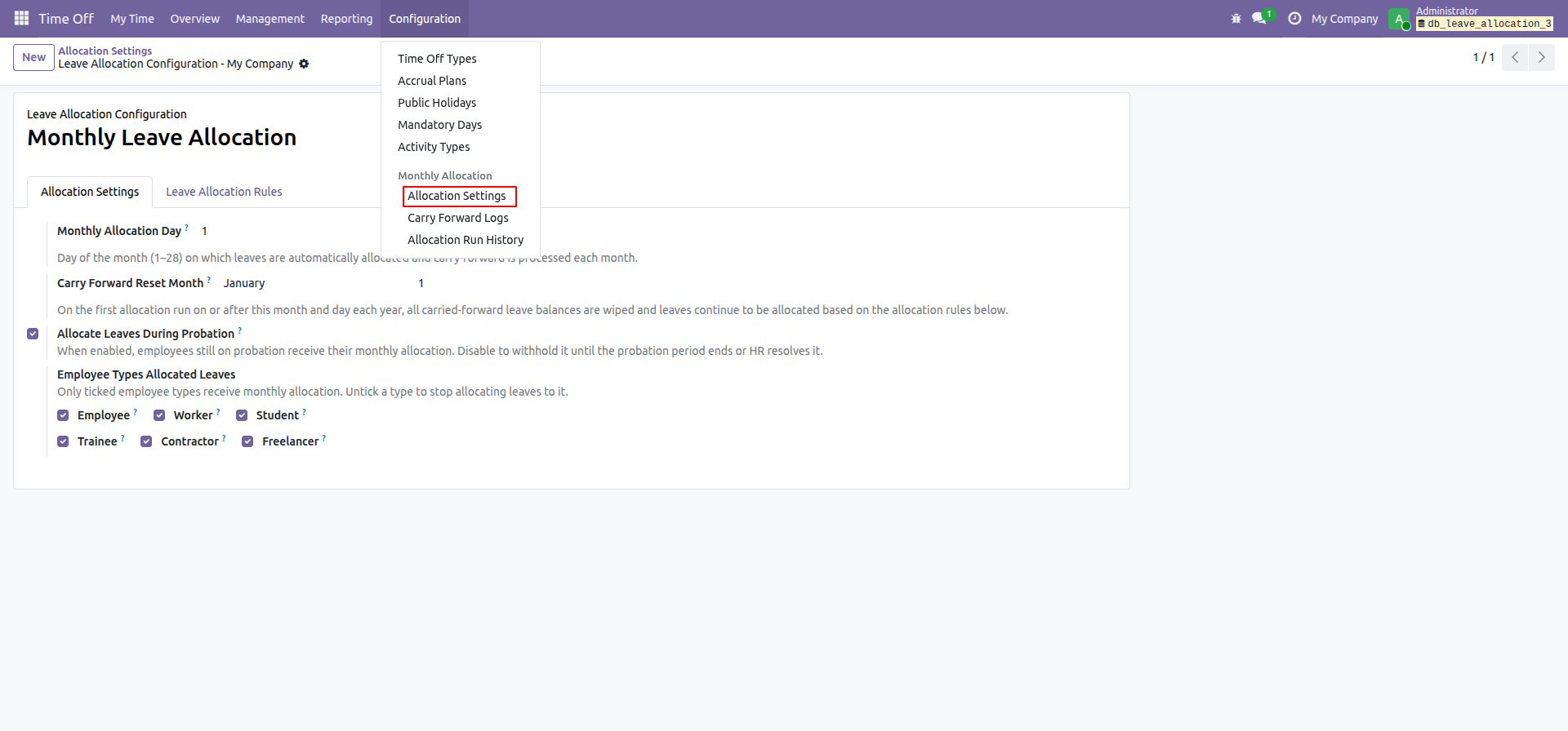 Monthly Allocation settings menu