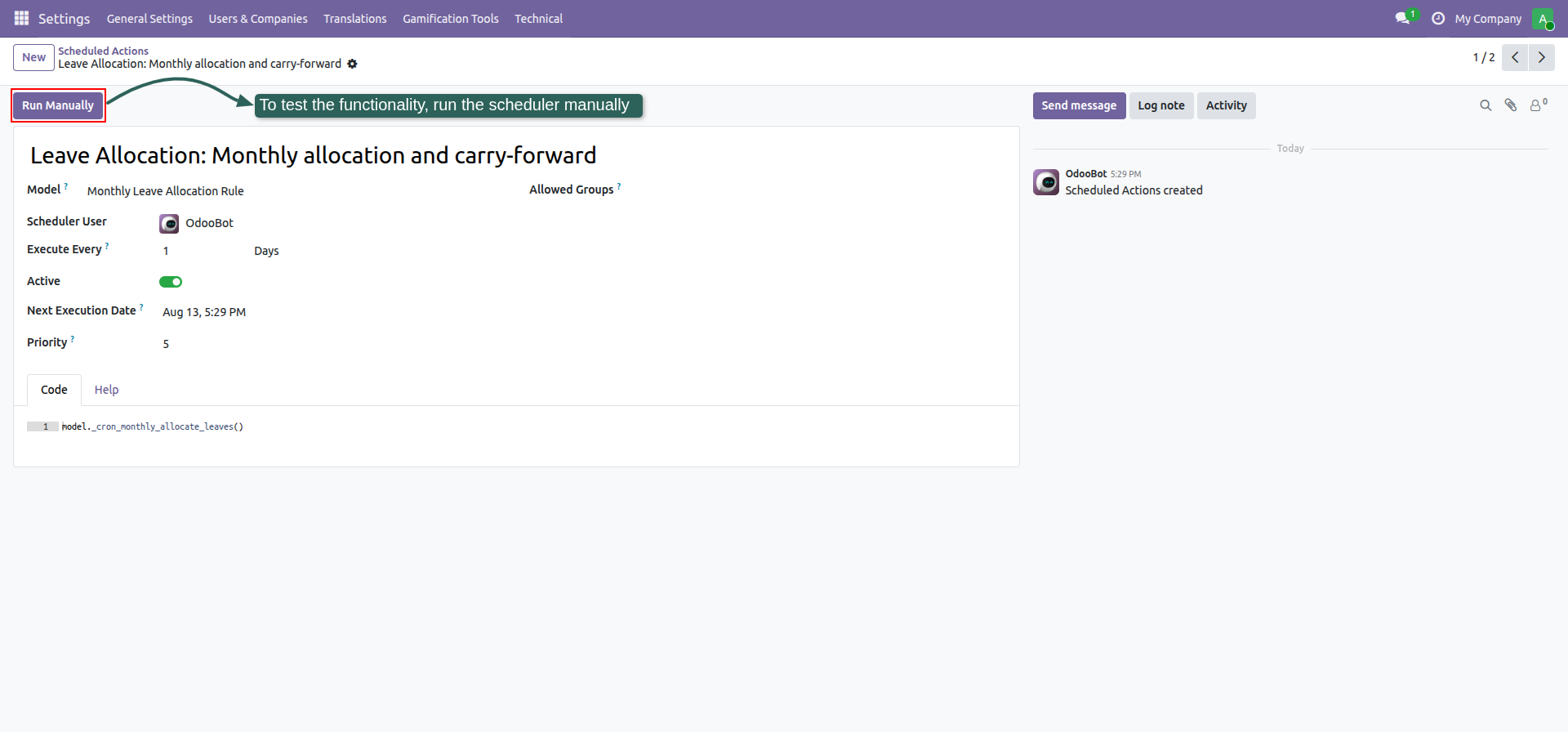 Run leave allocation scheduled action manually