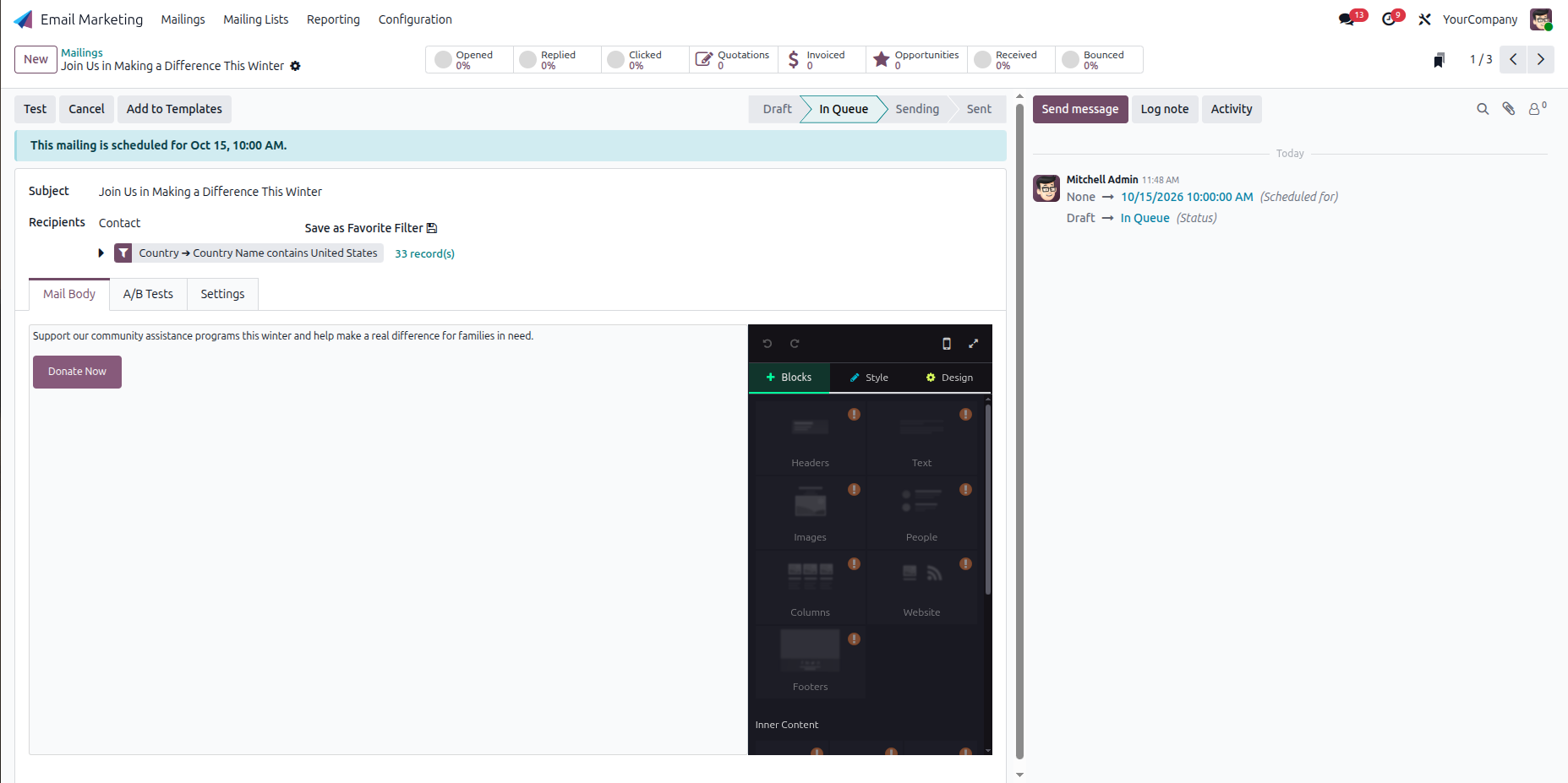 Odoo email marketing record created by assistant