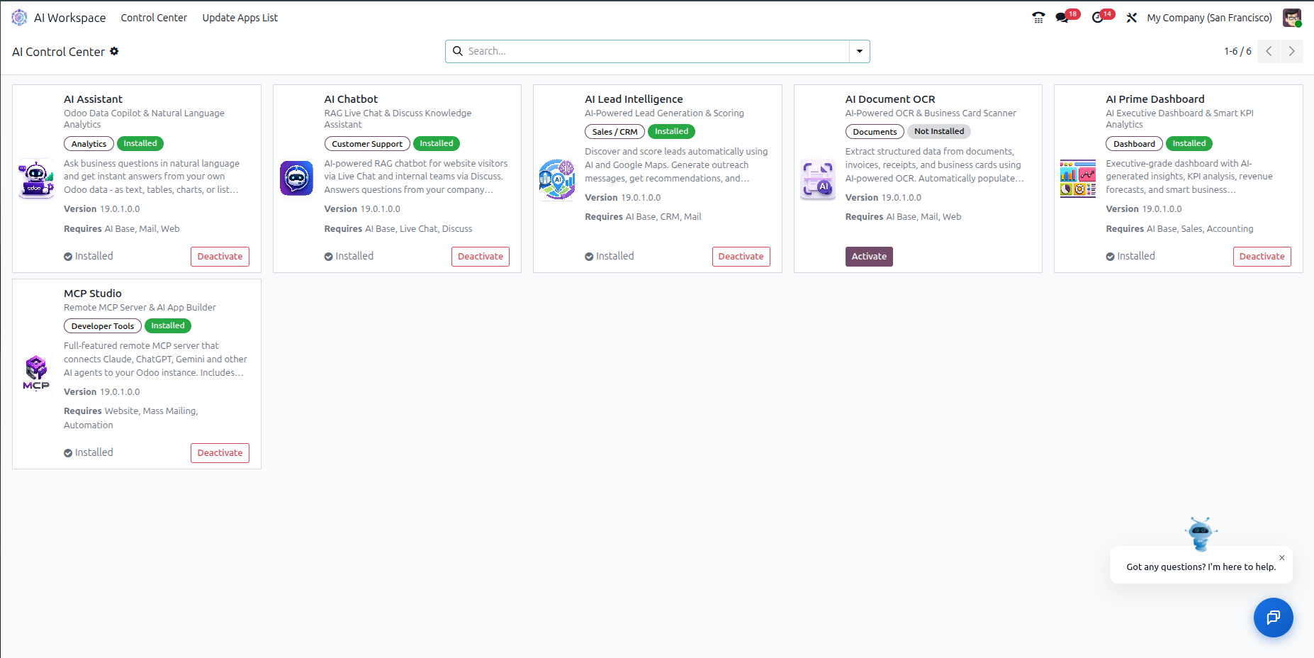 Step 3 - AI Control Center with all 6 AI modules - Activate or Deactivate each individually